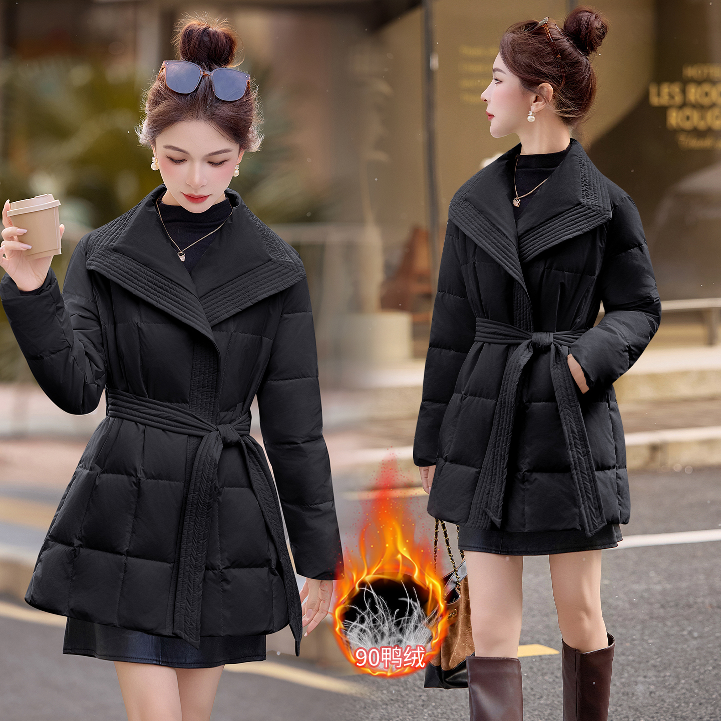 收腰保暖时尚纯色白鸭绒羽绒服黑色2025冬季新款显瘦显瘦气质时尚