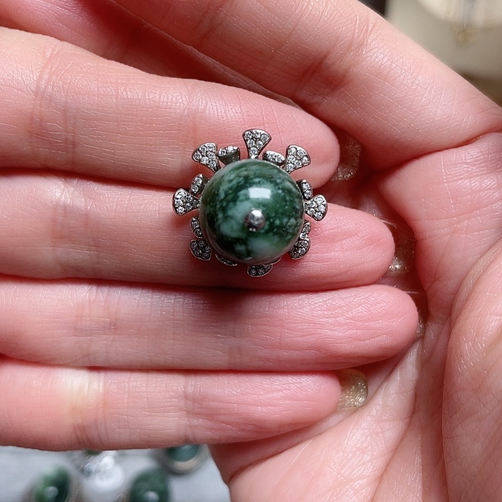 透闪石-蛇纹石玉戒指银S925镶嵌