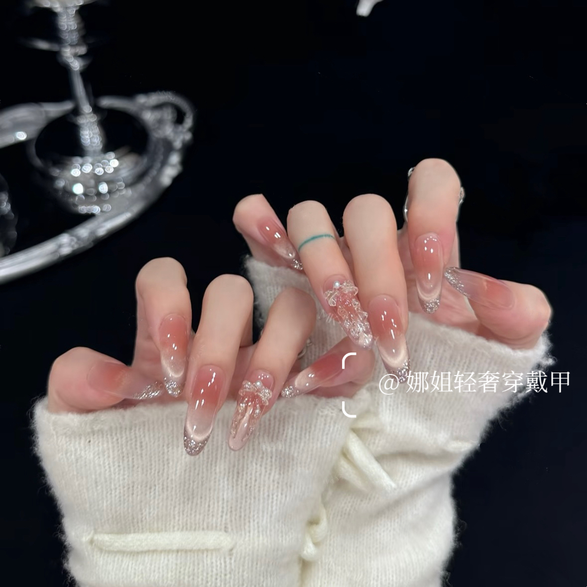 纯手工高级感爆闪猫眼法式蝴蝶银河梦里秋冬显白超长美甲甲片轻奢