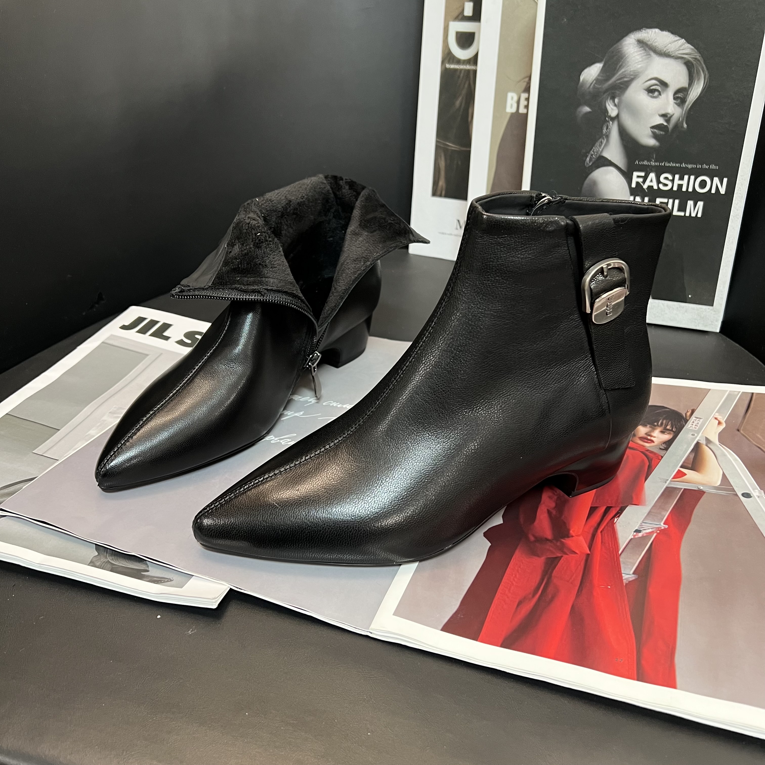 绒-陈老板-羊皮3公分/尖头复古高奢小尖头女鞋百搭靴子A067