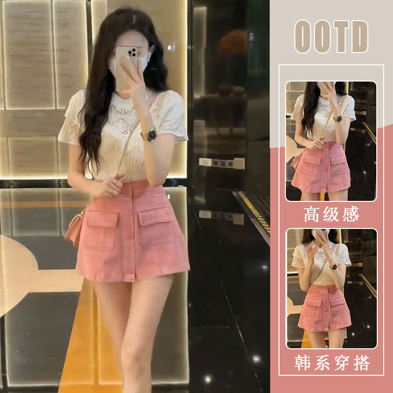 T256500+246387夏装搭配一整套韩系针织短袖上衣显瘦牛仔裤裙套装