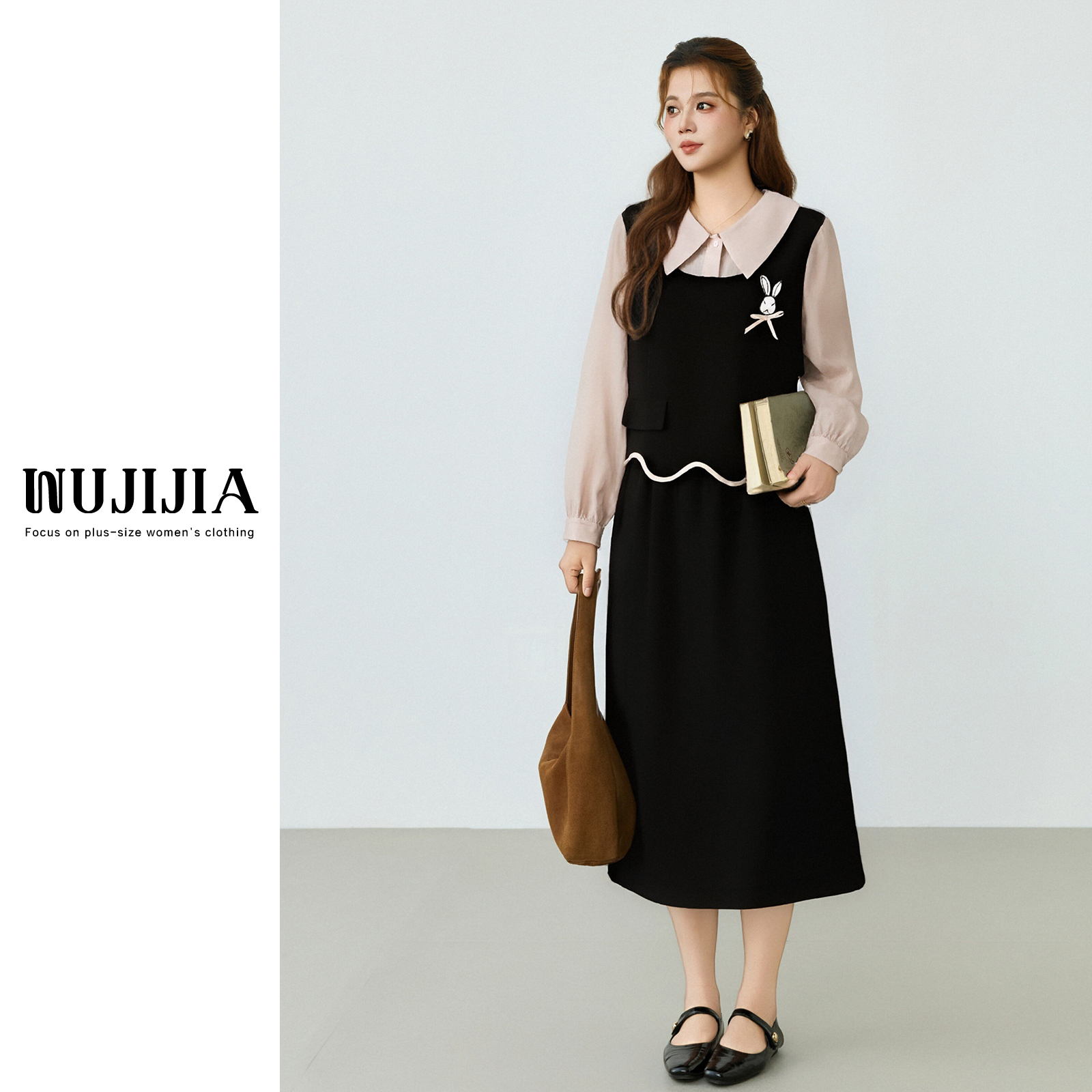 周周-黑色拼接长袖衬衫半身长裙早秋显瘦套装大码女装ZL110299