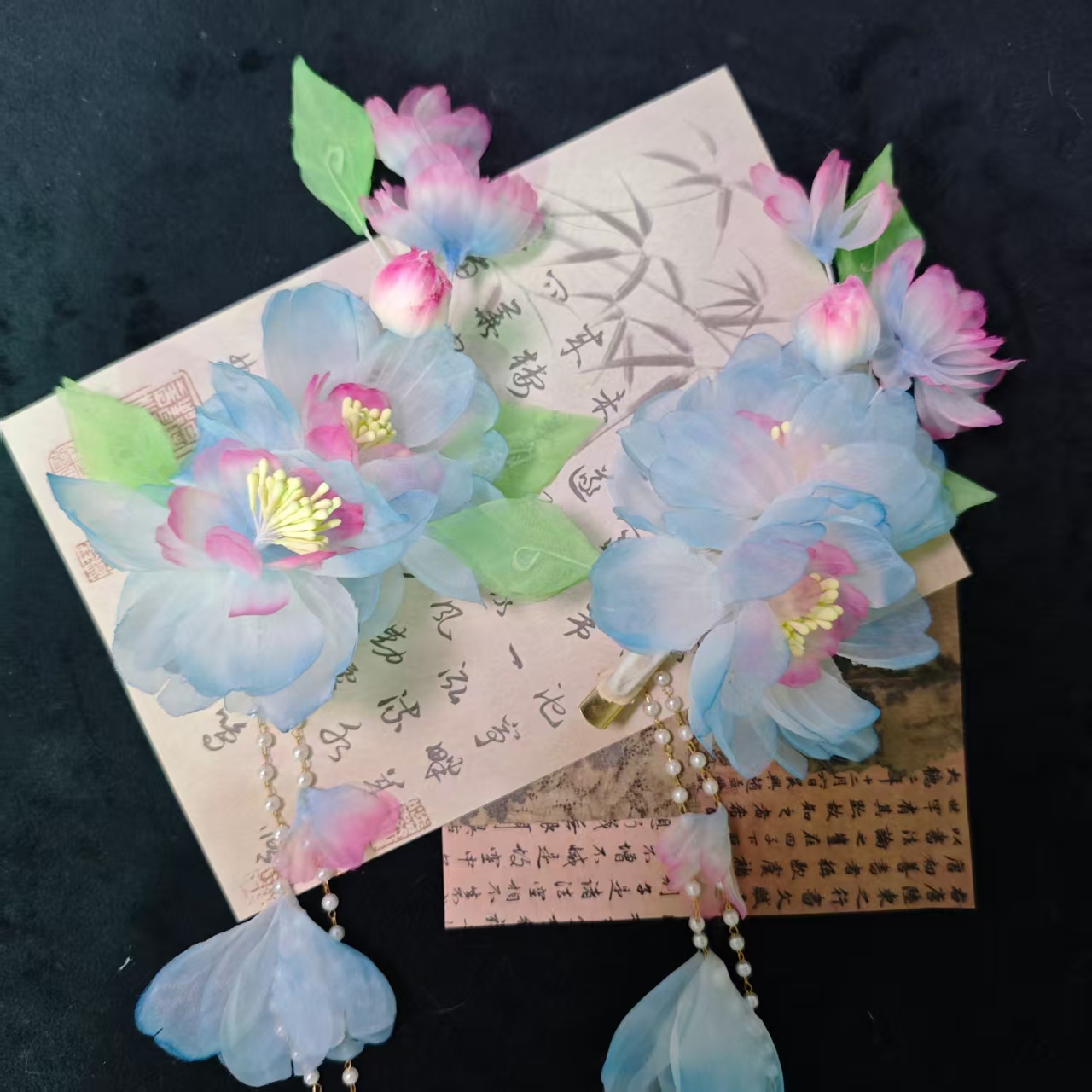 云鬓花古风饰品古装发饰仙气飘飘烫花对夹 青粉花辞 汉服头饰B440