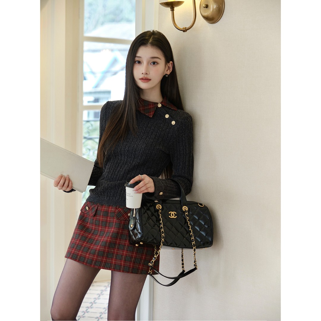 且可ChillCozy 梨漫'miu时尚学院格纹'羊毛混纺针织套装