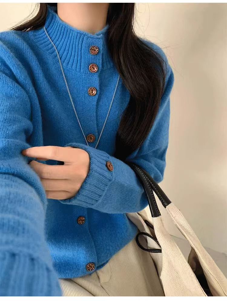线下299#秋冬爆款高级奶油风立领开衫针织毛衣JF999
