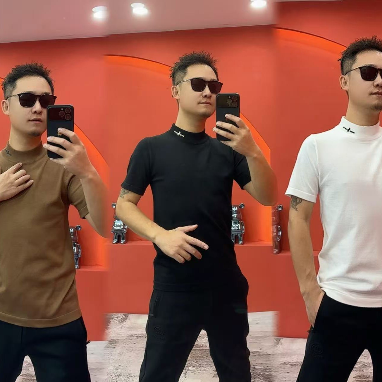 夏季秋冬高领短袖修身网红早秋男士纯色T恤冬季百搭