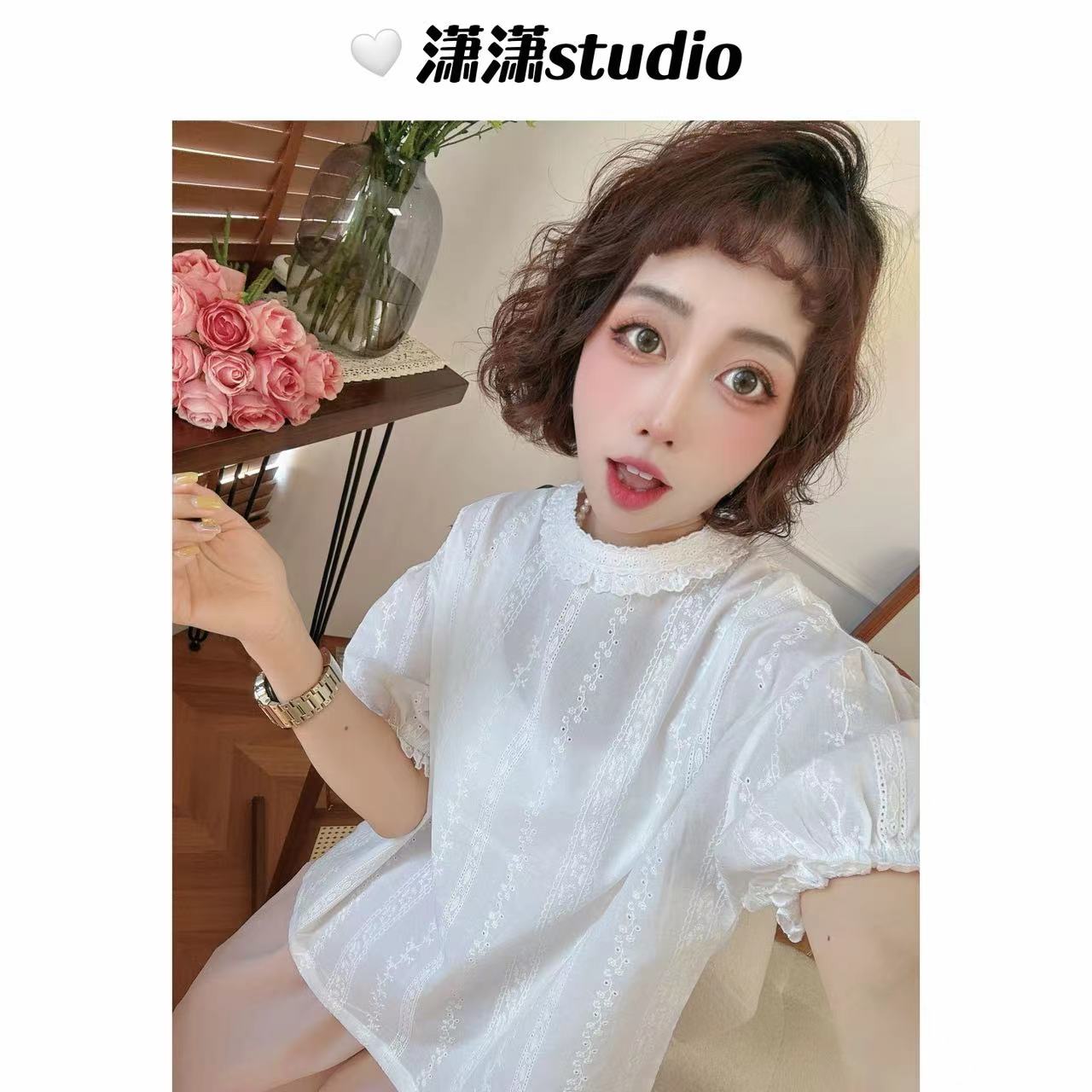 【夏日独白】【超好穿】 潇潇重工定制刺绣面料圆领泡泡袖衬衣XW0066