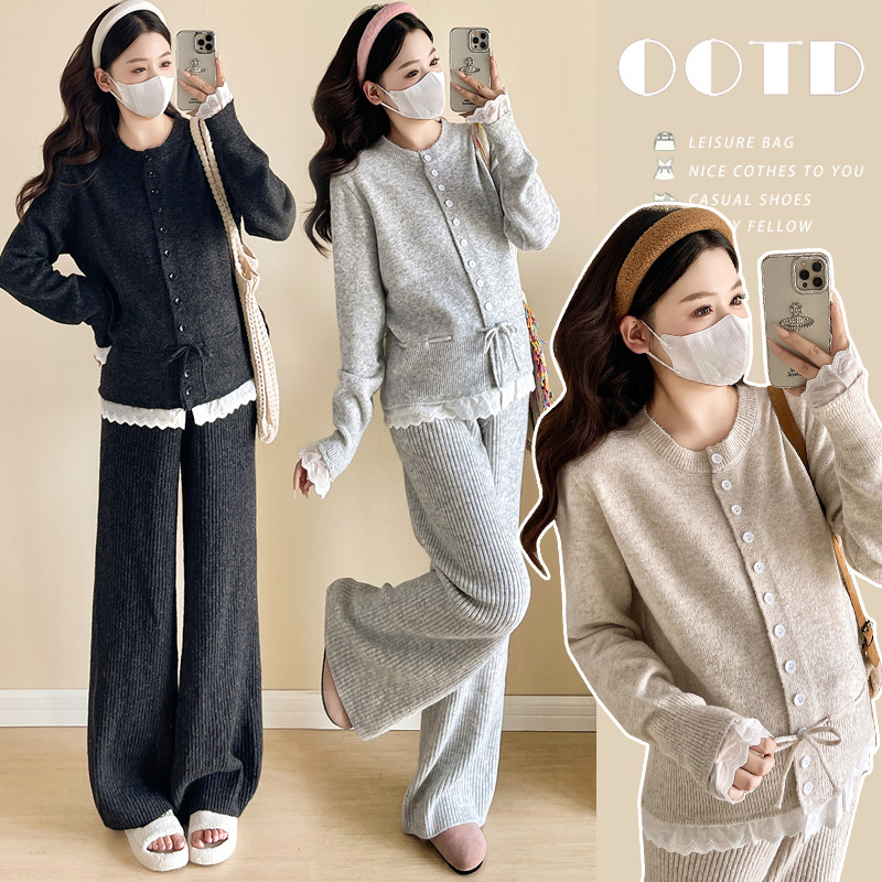 【米米妈】孕妇秋冬新款花边拼接系带阔腿裤配针织长袖毛衣百搭套装