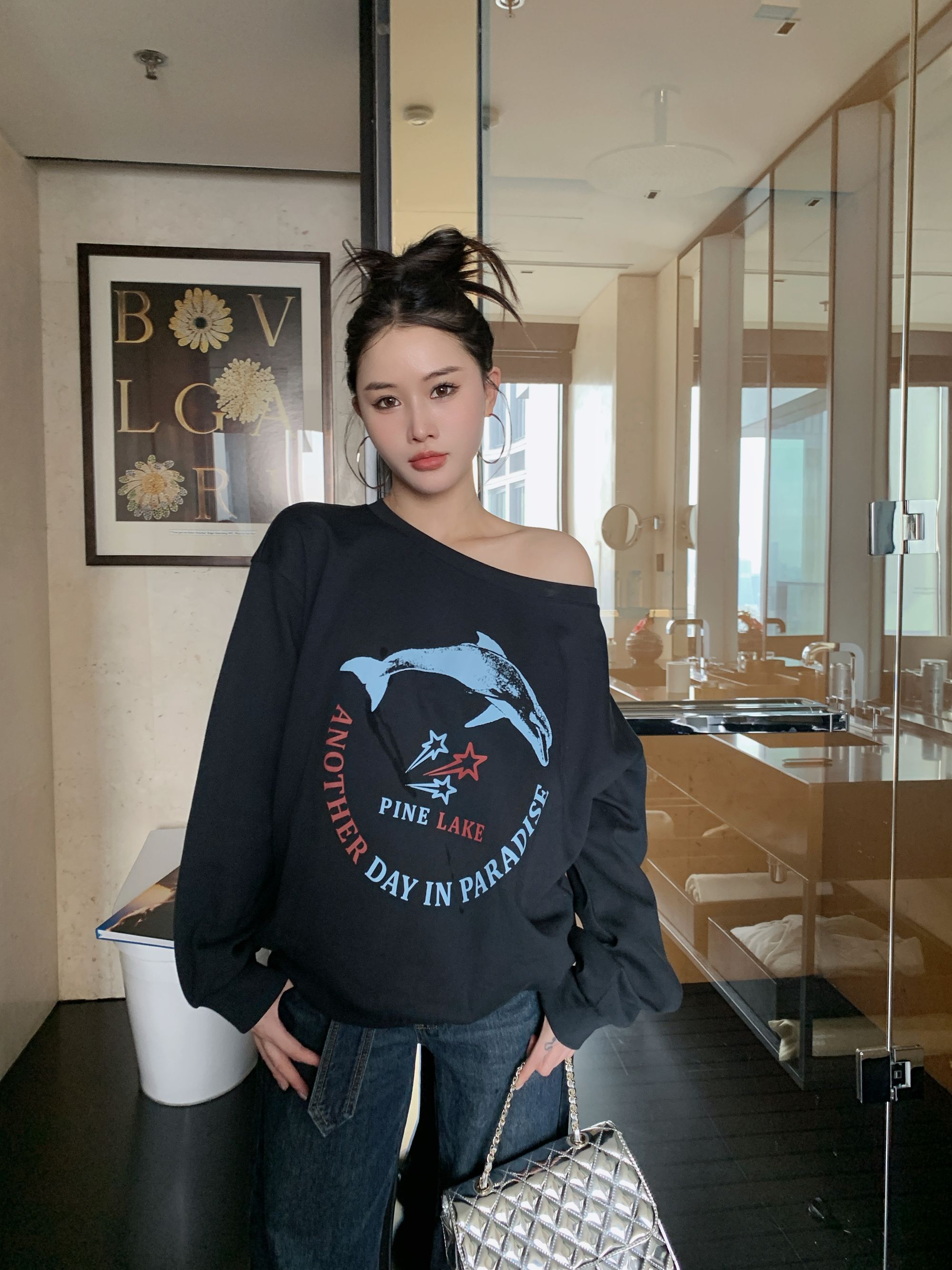 Lynka Vogue慵懒感斜肩卫衣2025新款女春季露肩长袖百搭宽松上衣