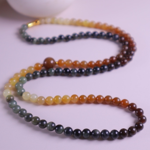 天然和田玉新疆楼兰三彩糖玉青花项链手链约6mm两用款珠串女@0002