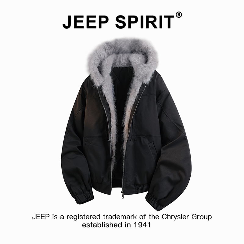 Jeep吉普美式复古连帽座山雕男士秋冬痞帅设计感保暖毛领棉服外套