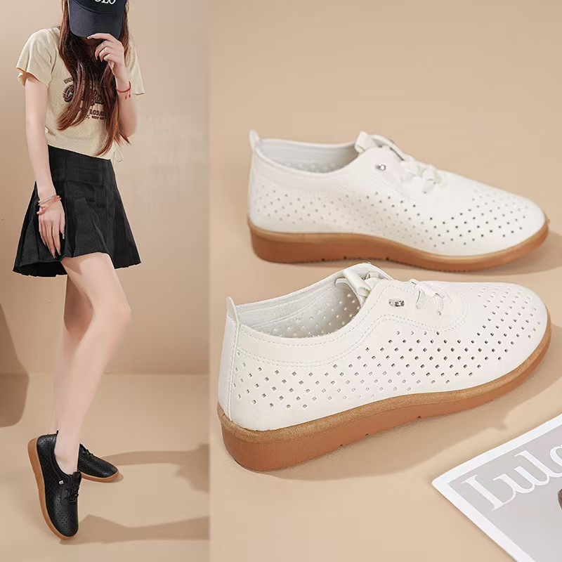 春夏女士镂空透气皮鞋松紧带平底防滑懒人休闲百搭洞洞鞋工作女鞋