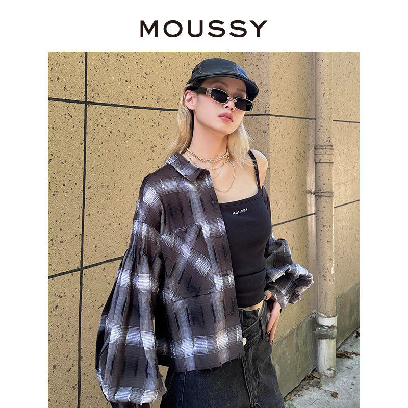 MOUSSY 新品废土风创意磨破短款长袖衬衫女028HAA30-2221