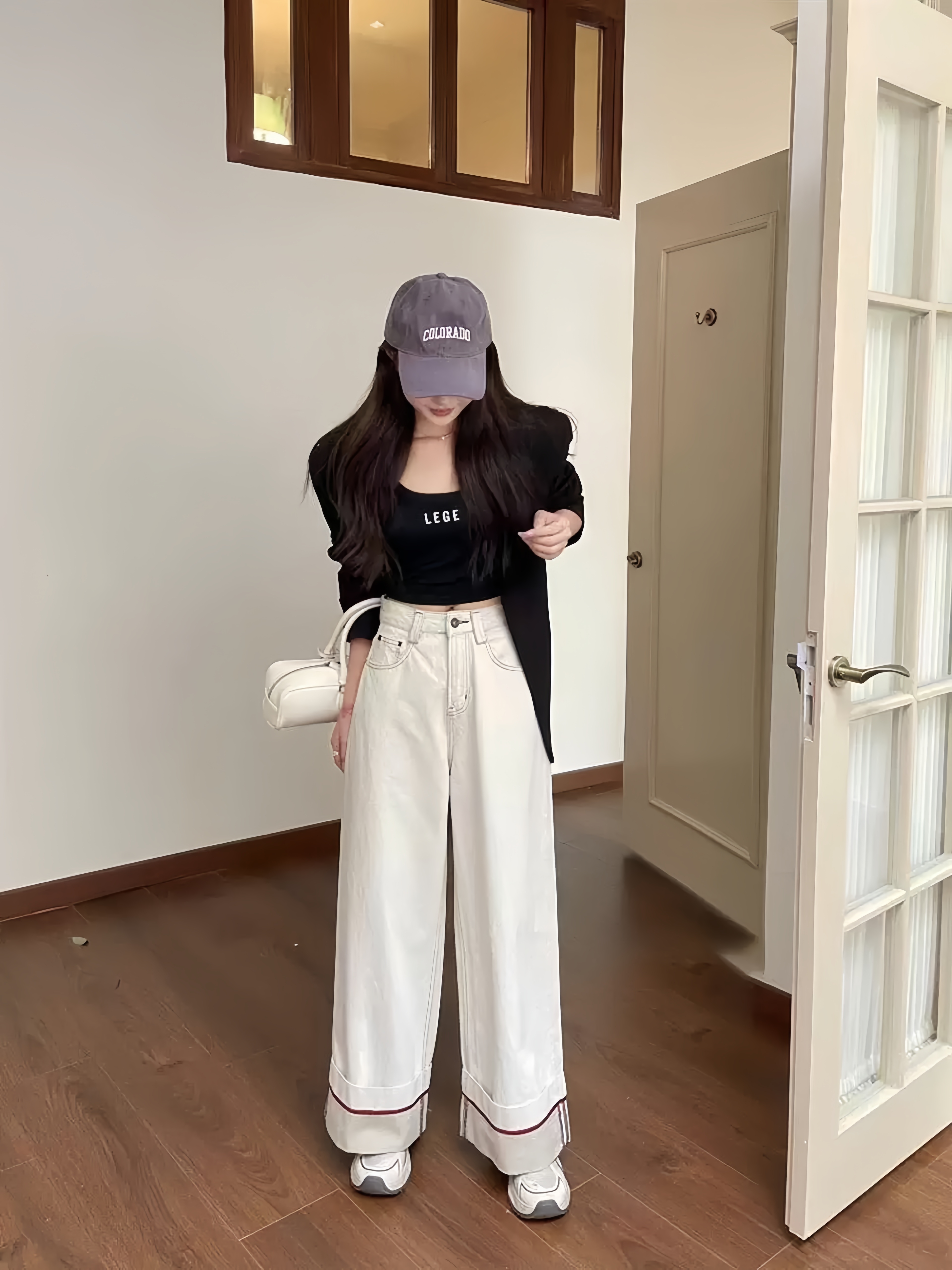 7079-卷边阔腿直筒牛仔裤秋冬新款大码宽松百搭九分裤