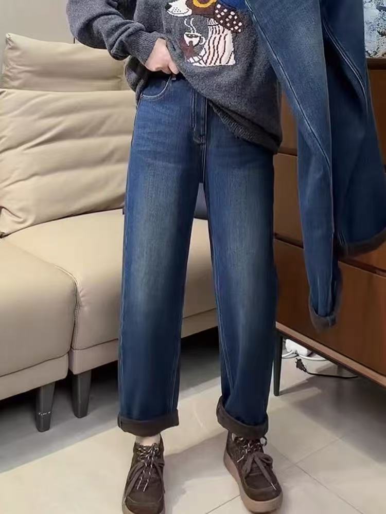 【66050】女#高腰加绒直筒宽松牛仔裤
