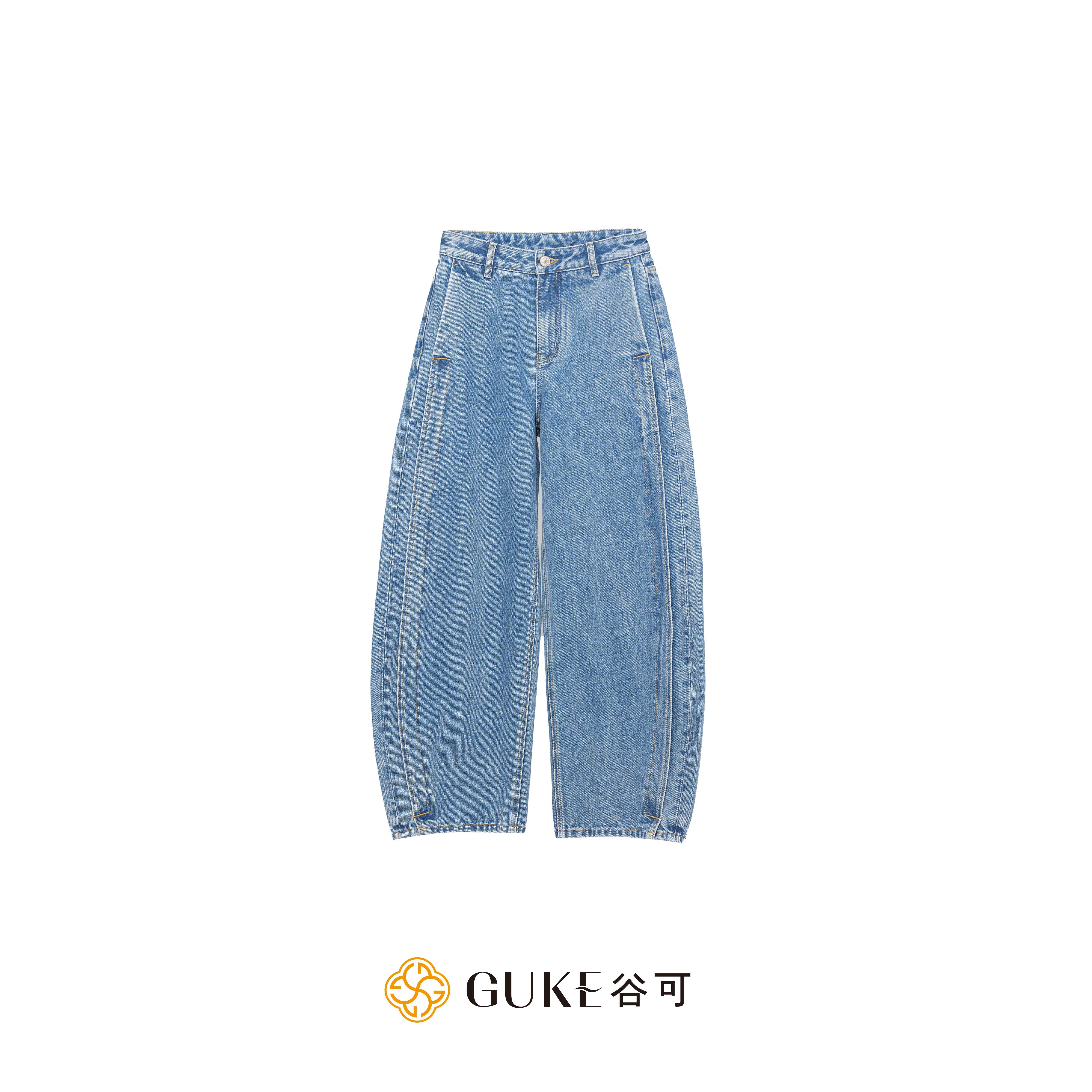 GKE/谷可K1098阔腿弯刀牛仔裤2025新款时尚水洗蓝百搭高腰休闲裤