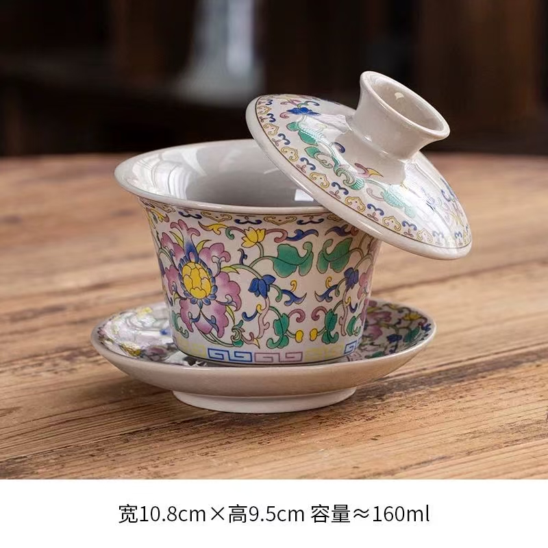 复古高档珐琅彩缠枝莲万花白瓷三才盖碗A093