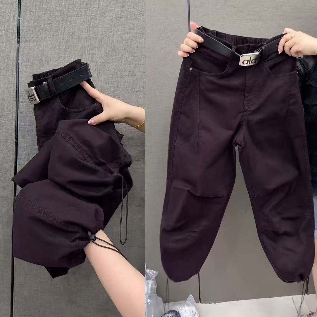 欧货弯刀牛仔裤女2025年秋季新款设计感抽绳宽松遮肉九分工装裤子