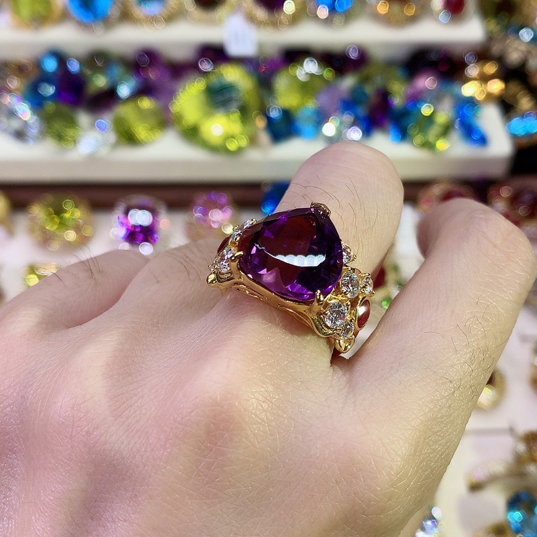 紫晶戒指银S925镀金镶嵌