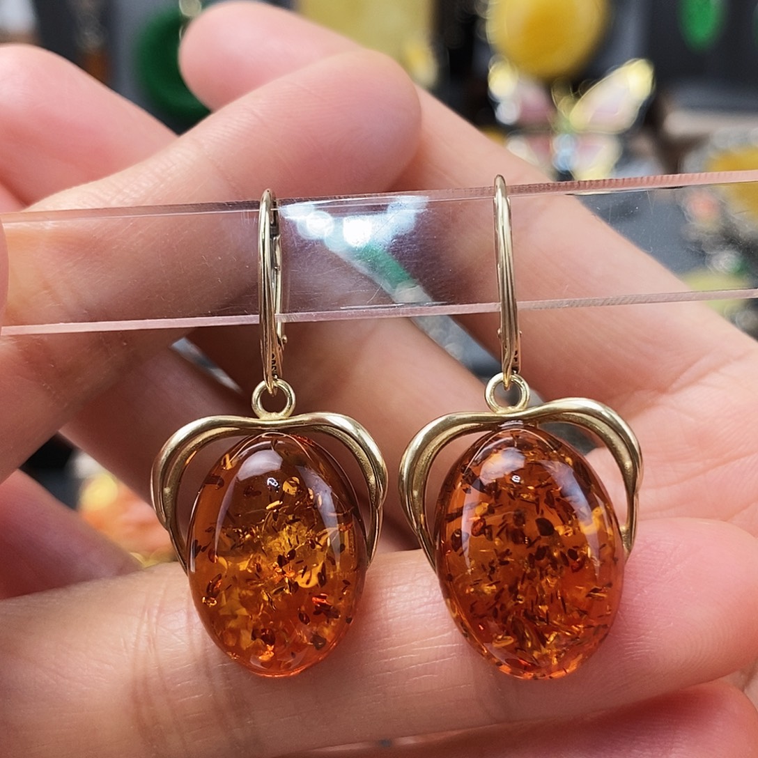 琥珀银S925镶嵌耳饰