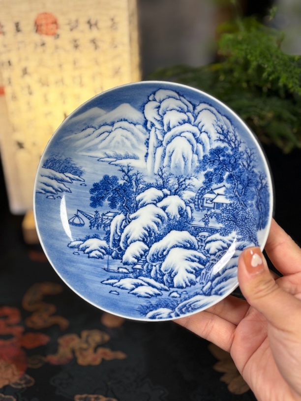 觅瓷景德镇陶瓷 全手工手绘 满工雪景赏盘 壶承