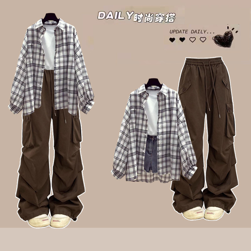 三件套时尚秋季阔腿长袖单件韩版外套搭配美式休闲工装裤帅气