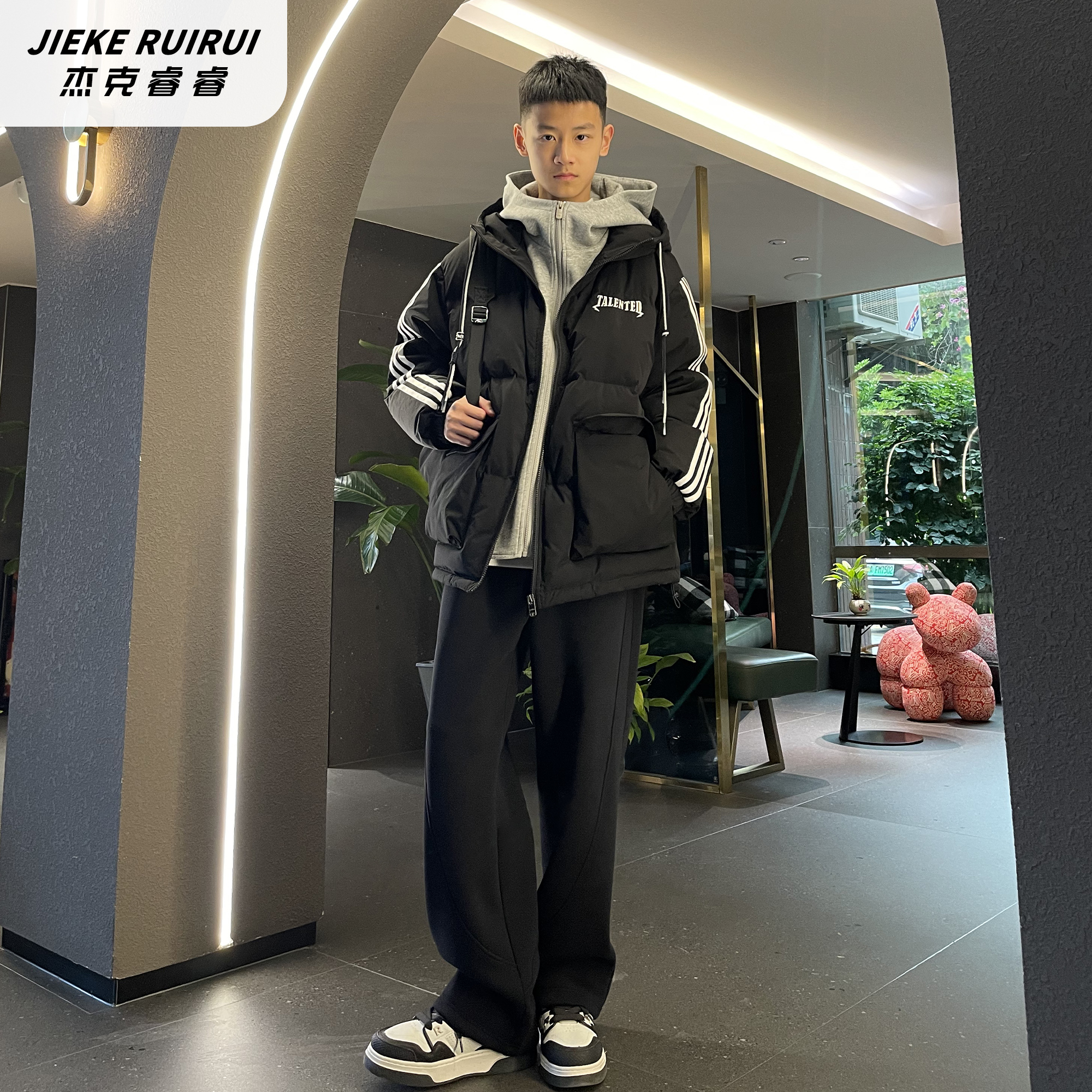 3816【睿】青少年织带杠条连帽羽绒服休闲保暖冬季外套杰克睿睿