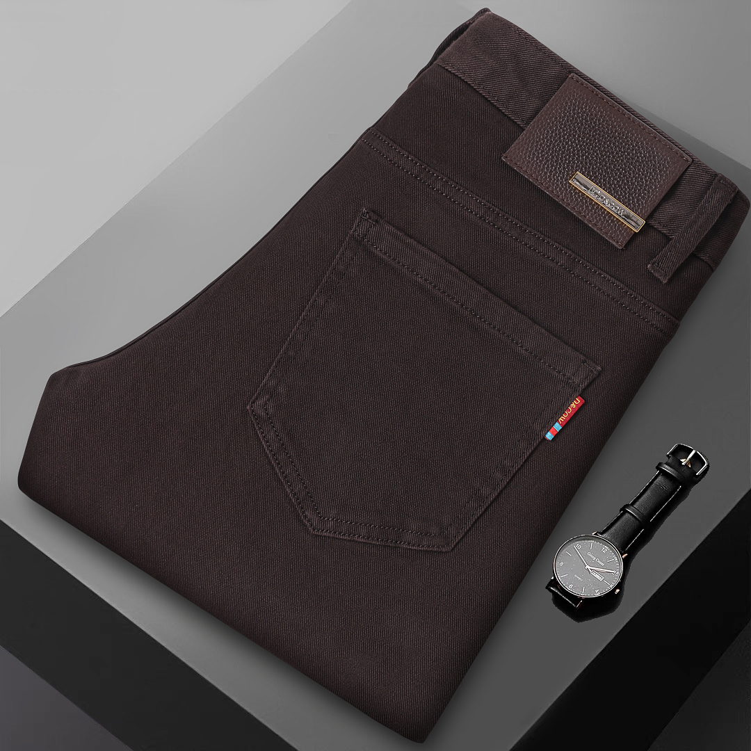 YUANNIU/原牛秋冬新款贵族高奢定制【深咖色】男士牛仔裤修身小直筒