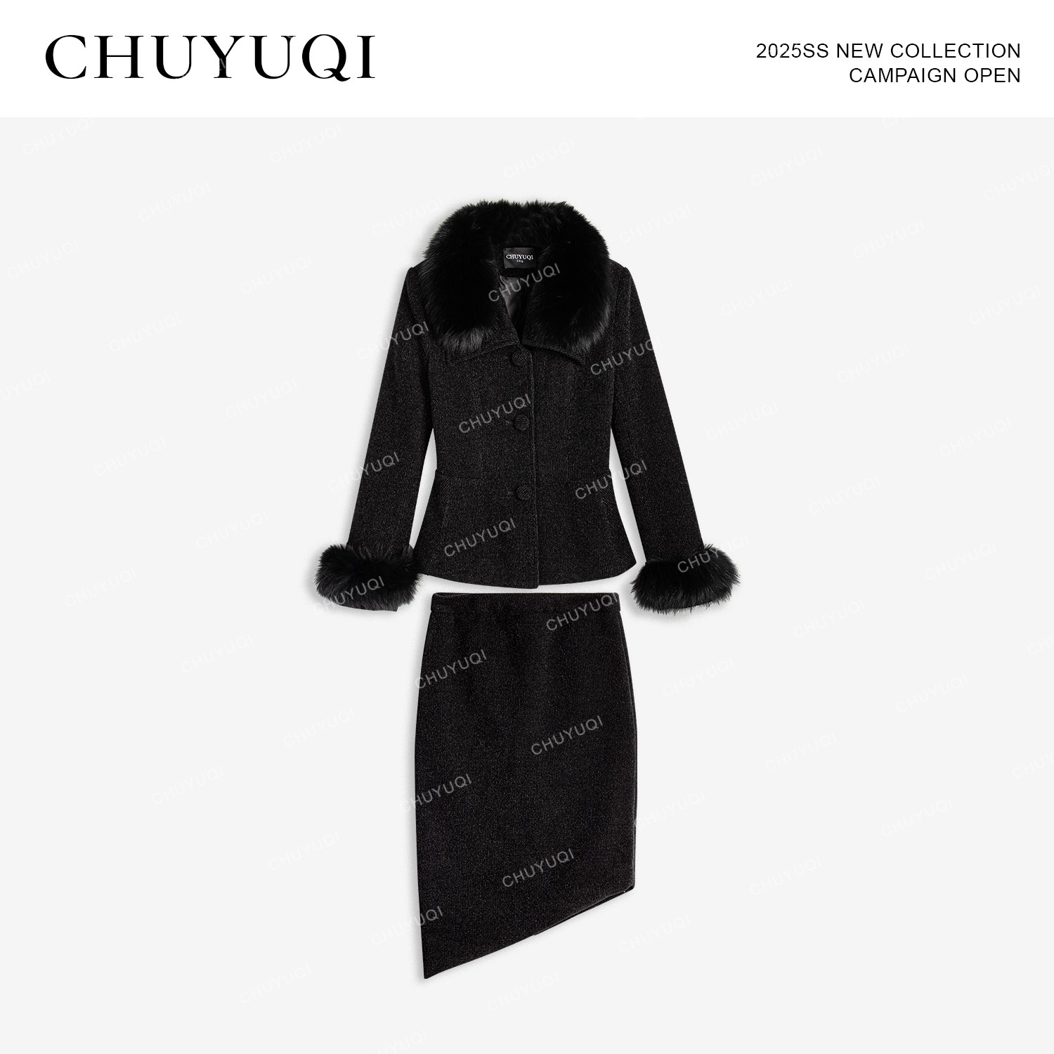 CHUYUQI 格雷女人 气质狐狸毛半裙套装秋冬加厚翻毛领两件套