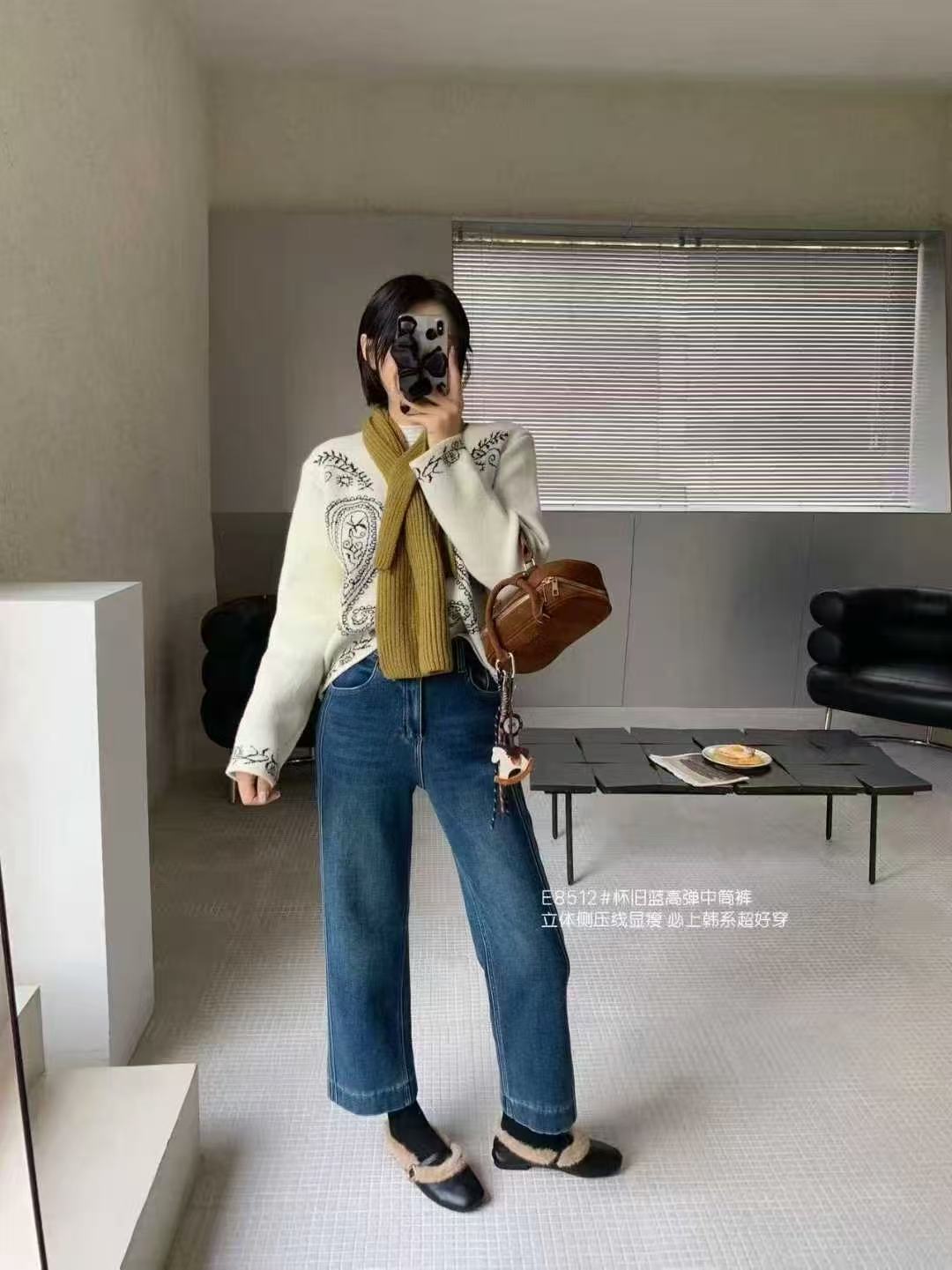 【立体侧线显瘦】真超绒中筒裤百搭洋气怀旧蓝牛仔裤-苋20086(8512)