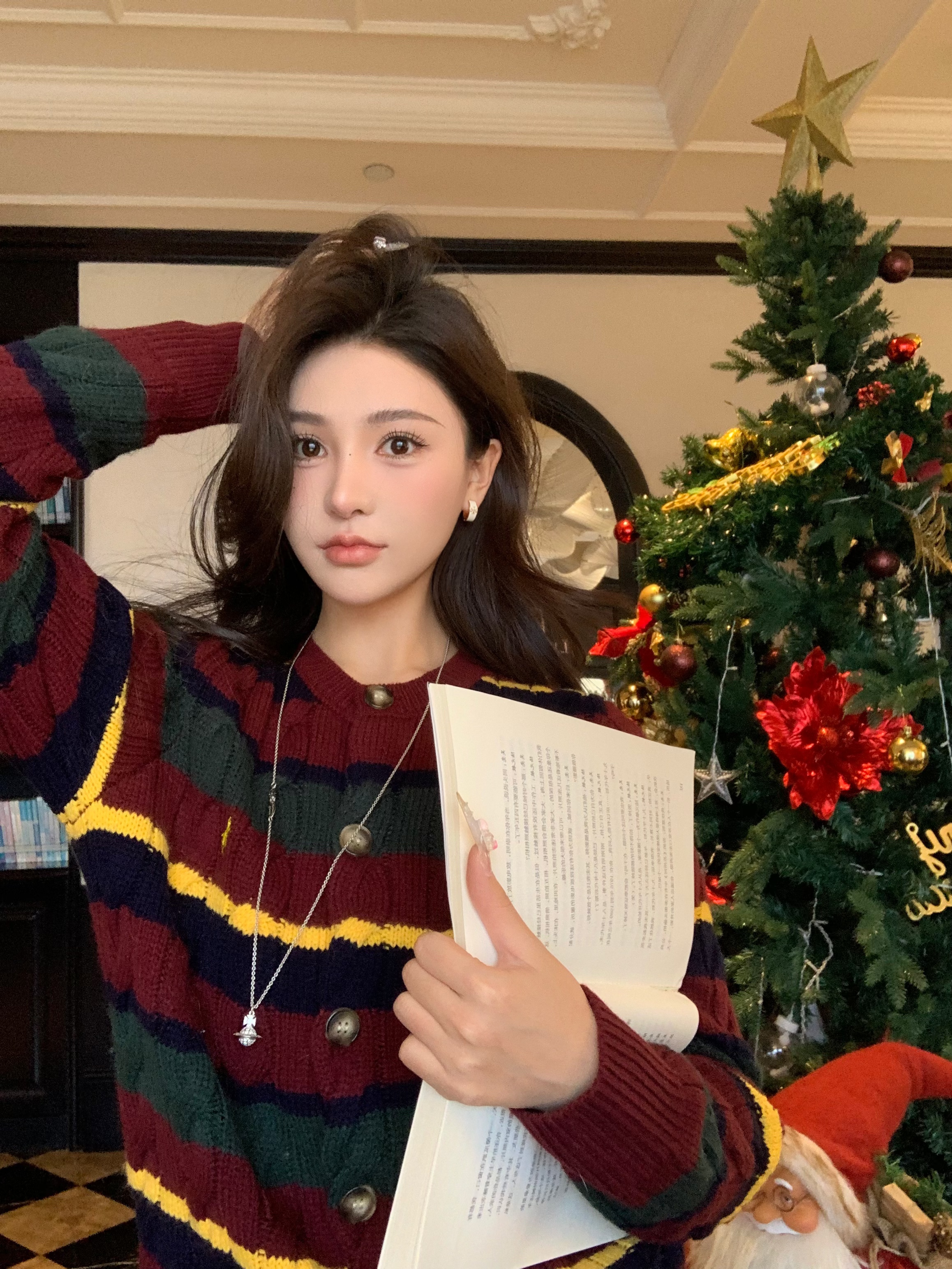 韩版气质条纹撞色条纹长袖针织开衫外套女秋冬上衣