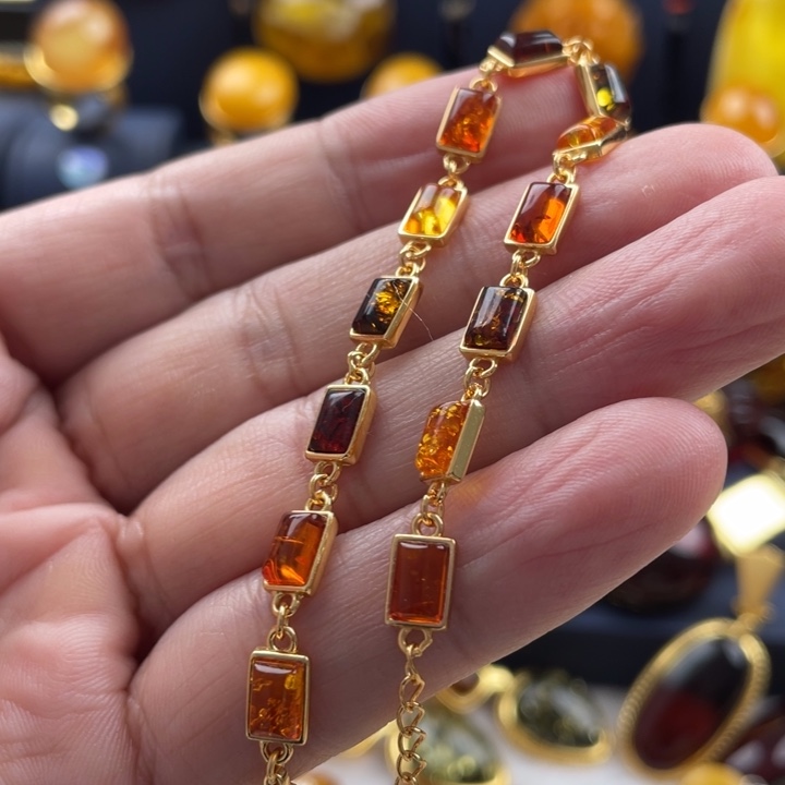 琥珀手链银S925镀金镶嵌四*姐