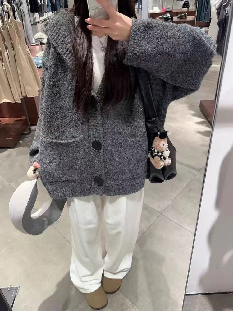 加厚版！慵懒风连帽单排扣毛衣开衫女秋装新款韩版宽松针织衫外套