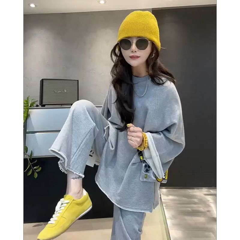 欧洲站2025秋季新款洋气休闲百搭宽松中长款上衣高腰纯色长裤套装