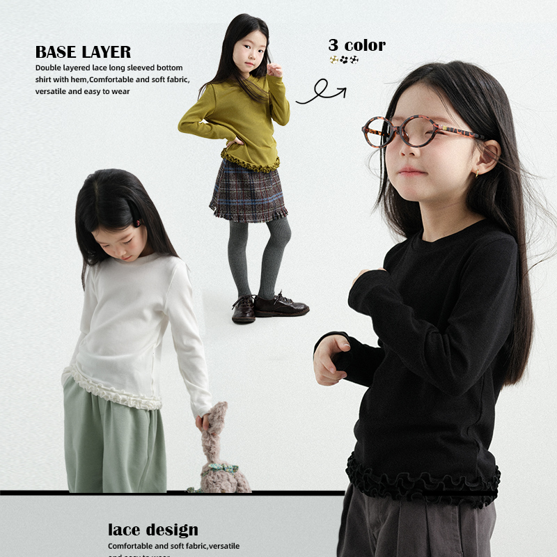 史豌豆女童下摆双层花边长袖打底衫 Y4435