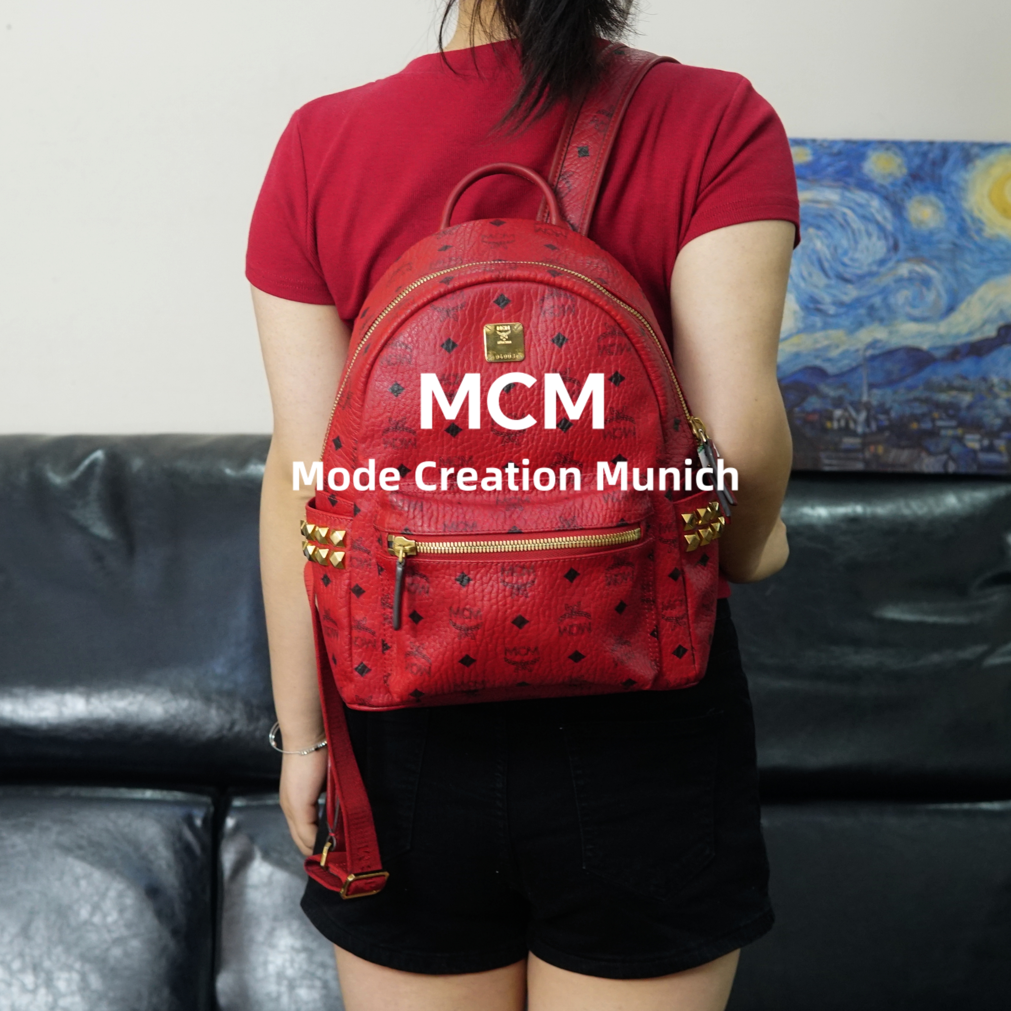 95新 MCM 红色双肩书包/YW06509210/9210