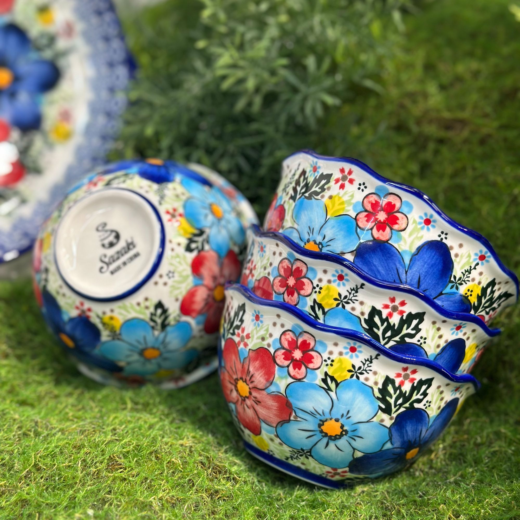 Sazaki盛夏 米饭碗4.5英寸家用饭碗汤碗波兰彩陶瓷手绘釉下彩高档