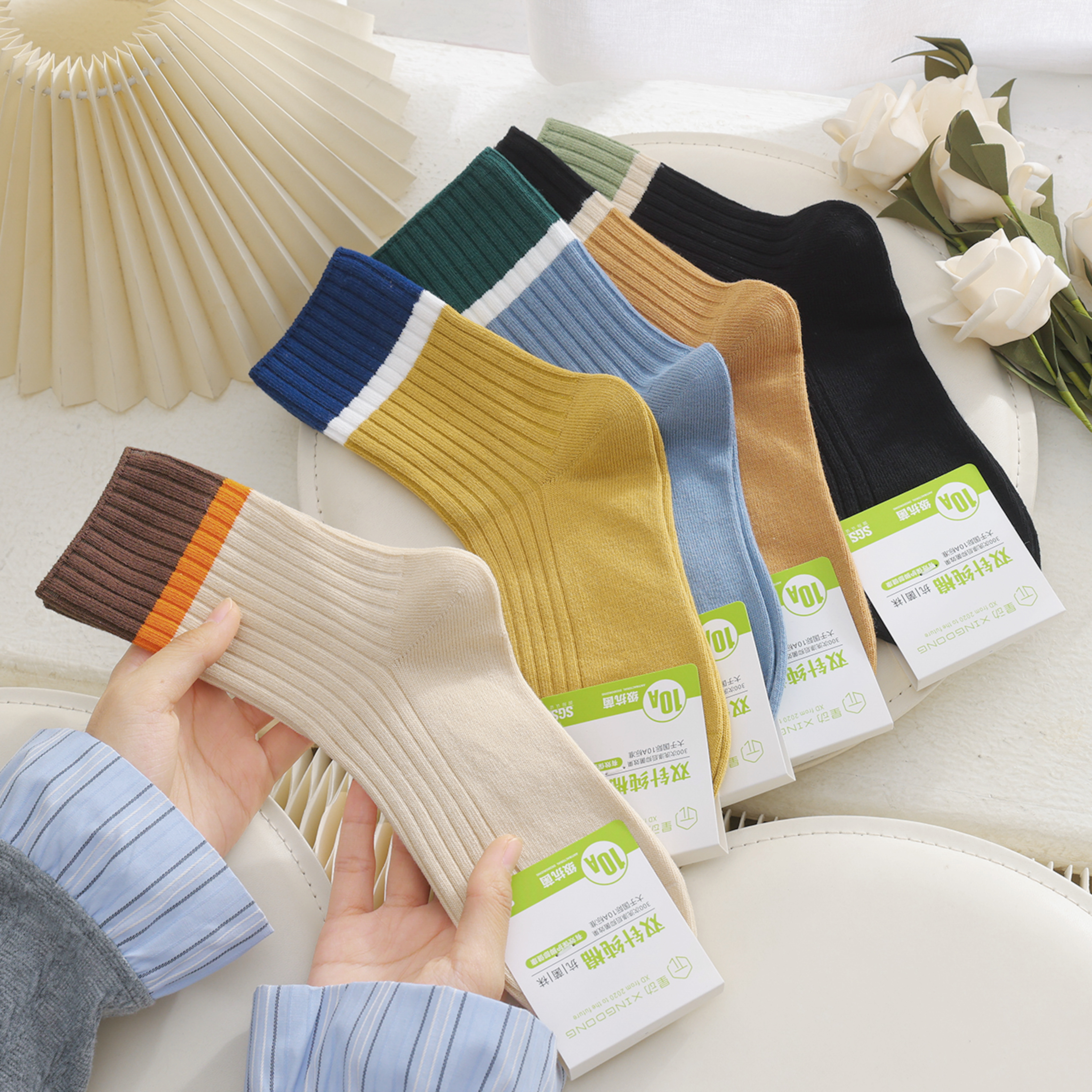 纯棉袜子女袜全棉防臭秋冬100%双针条纹小清新学院风百搭高筒棉袜