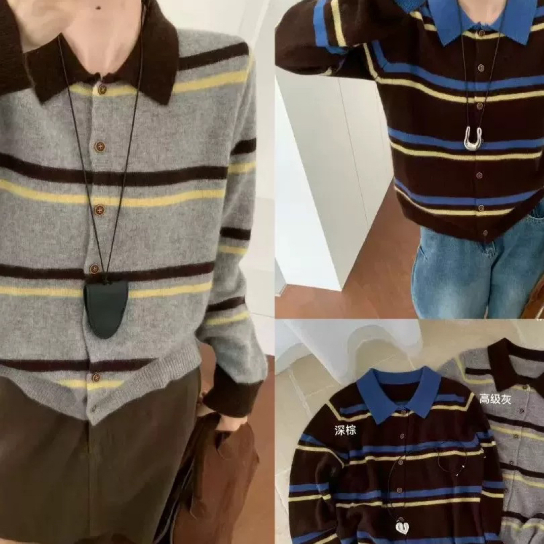 DD-9844长袖条纹翻领百搭一排扣毛衣