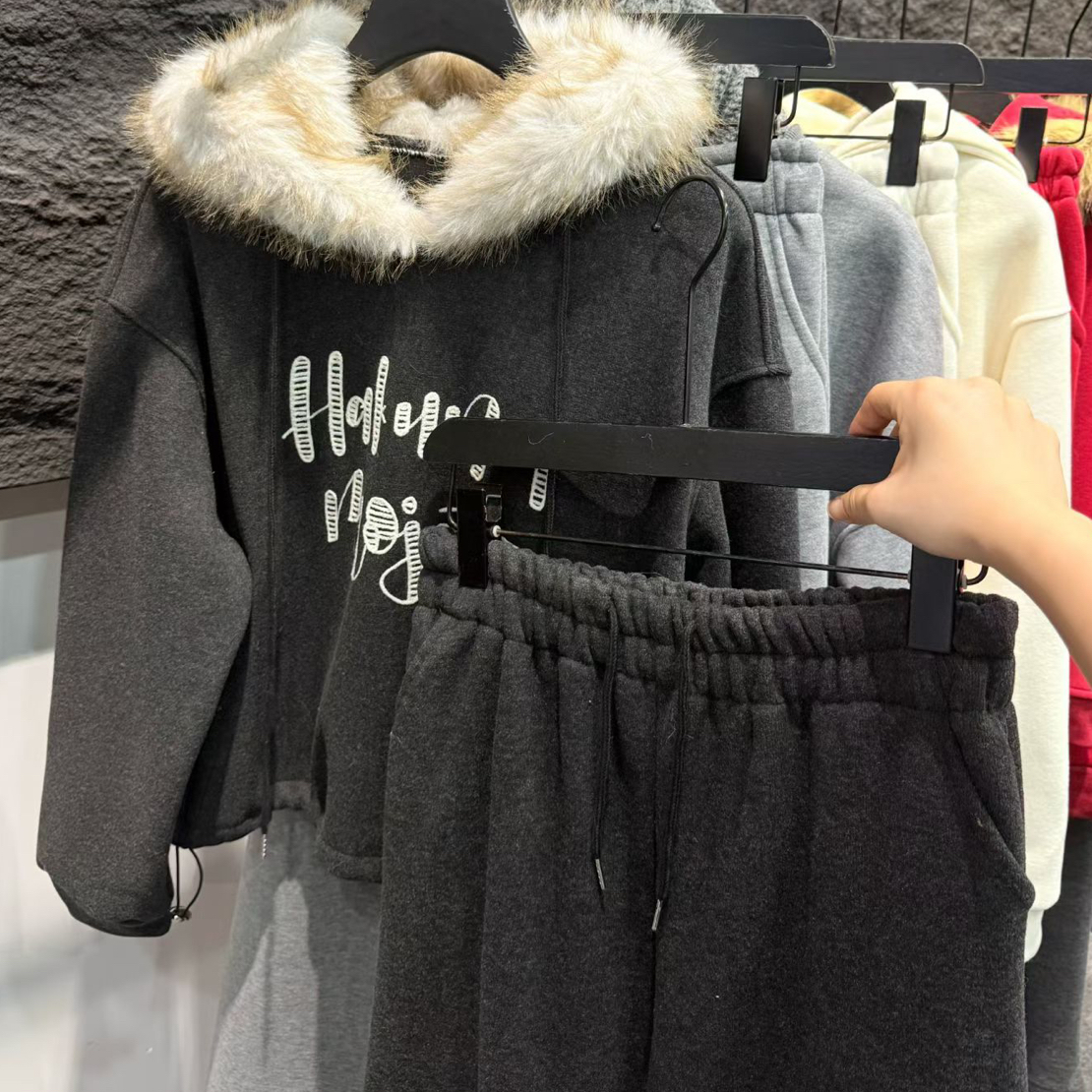 冬季新款韩系加绒连帽卫衣阔腿裤显瘦套装（No退No换事儿妈慎拍）