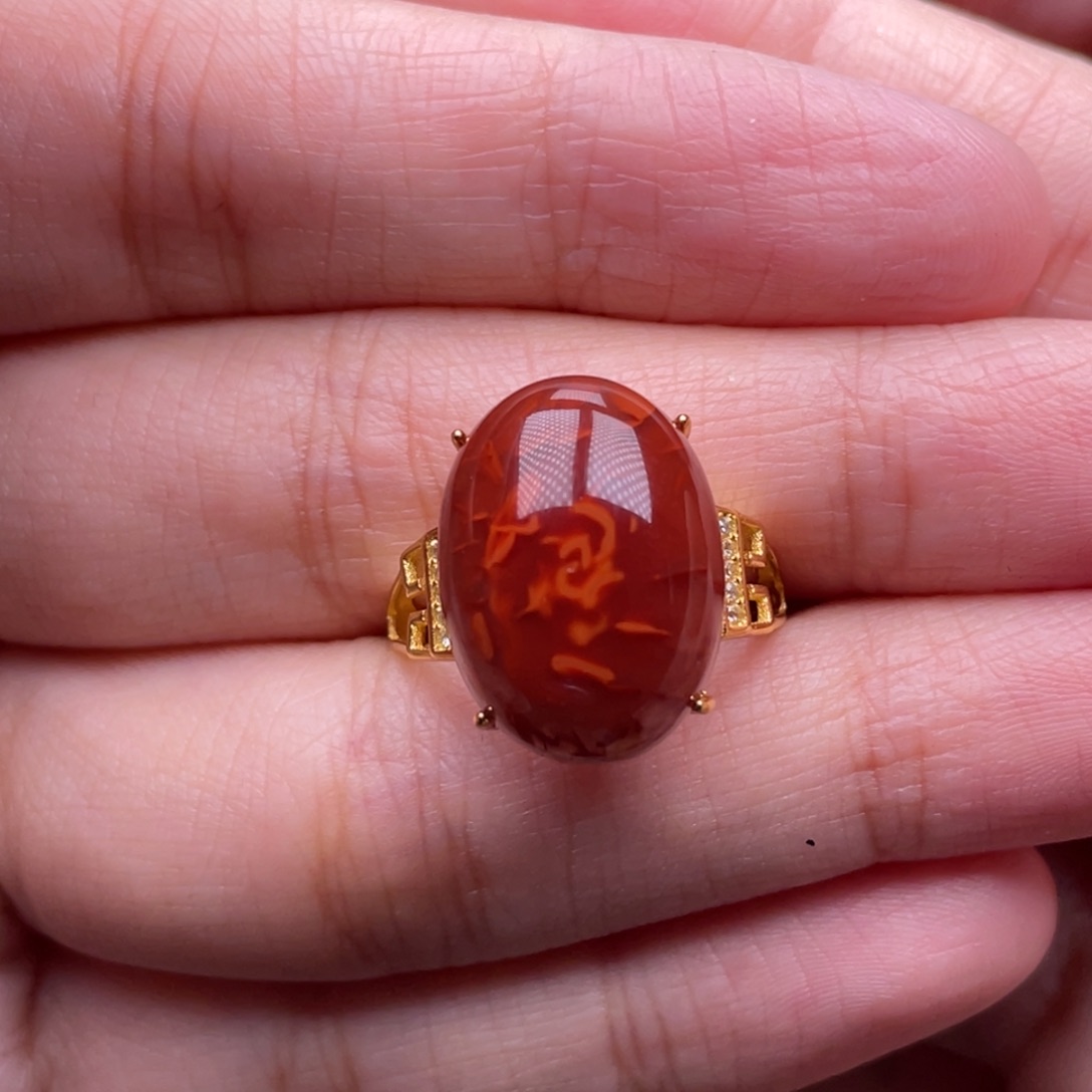 南红玛瑙银S925镶嵌珠宝奇石女戒