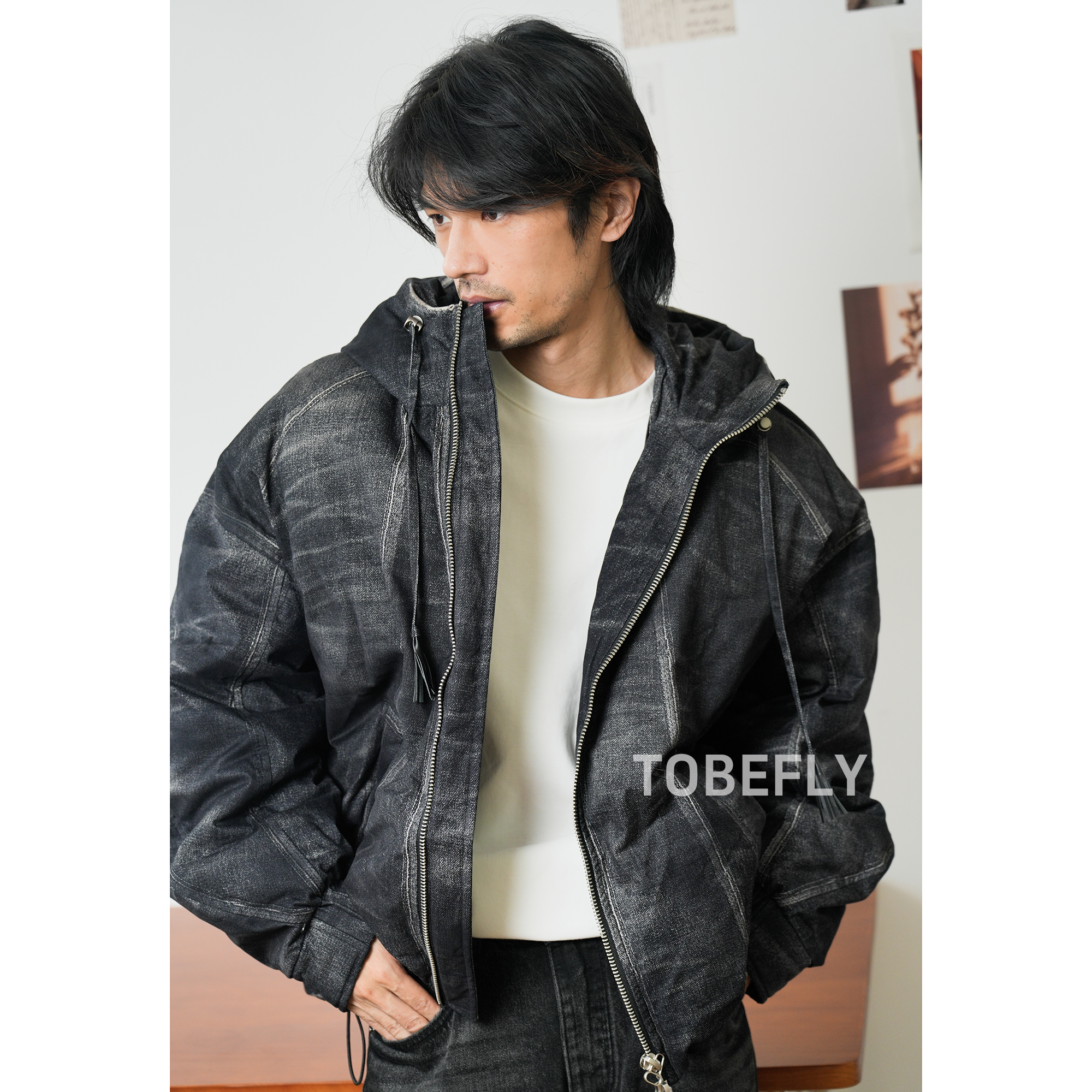 Tobefly“AURA系列”复古连帽仿牛仔印花加厚保暖鸭绒羽绒服9250941