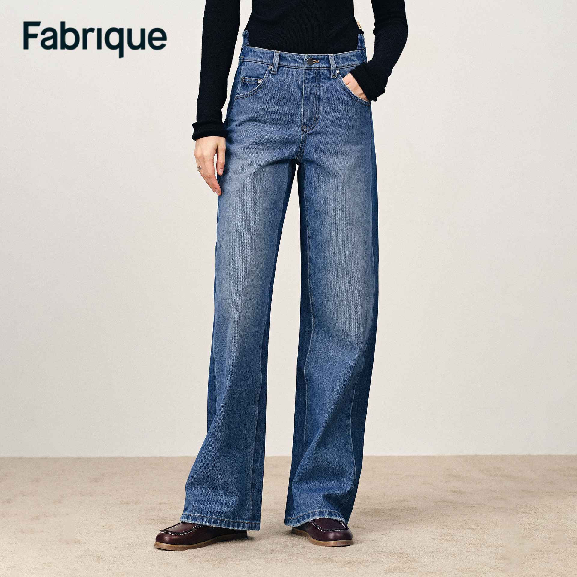 Fabrique Behun 秋冬新品水洗靛蓝纯棉拼色解构低腰阔腿牛仔裤