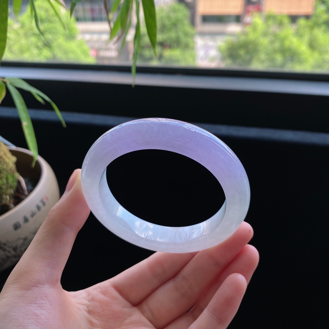 好色珠宝  圈口55缅甸老坑A货糯冰种紫罗兰正圈女款翡翠手镯