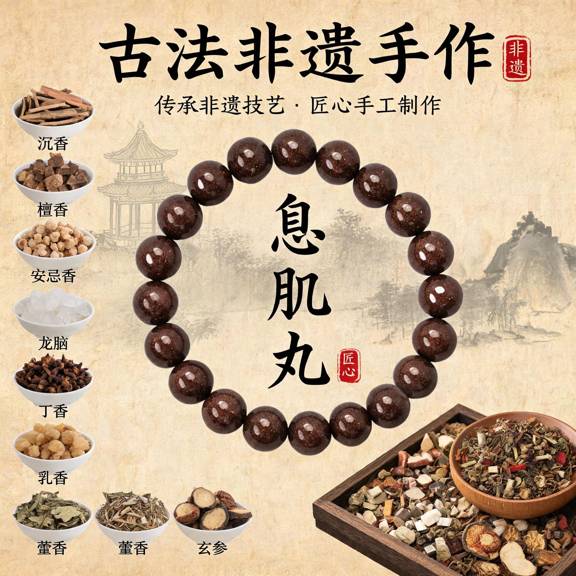 息肌丸美丽飞燕【非遗配方】古法手工草本香珠合香珠单圈8MM手串商品图