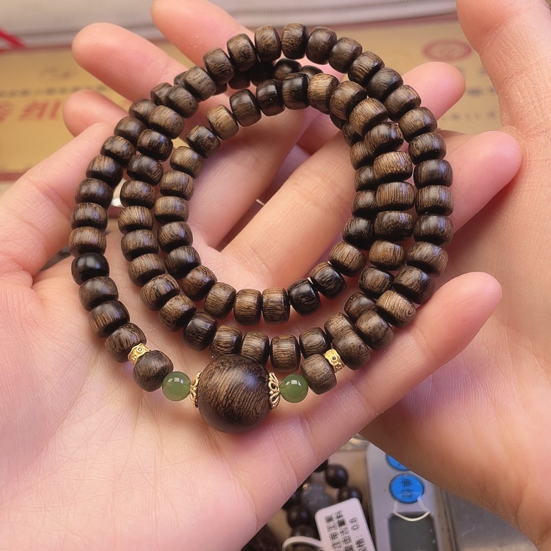 沉香手串无*越南芽庄白棋玉化瘤疤水波