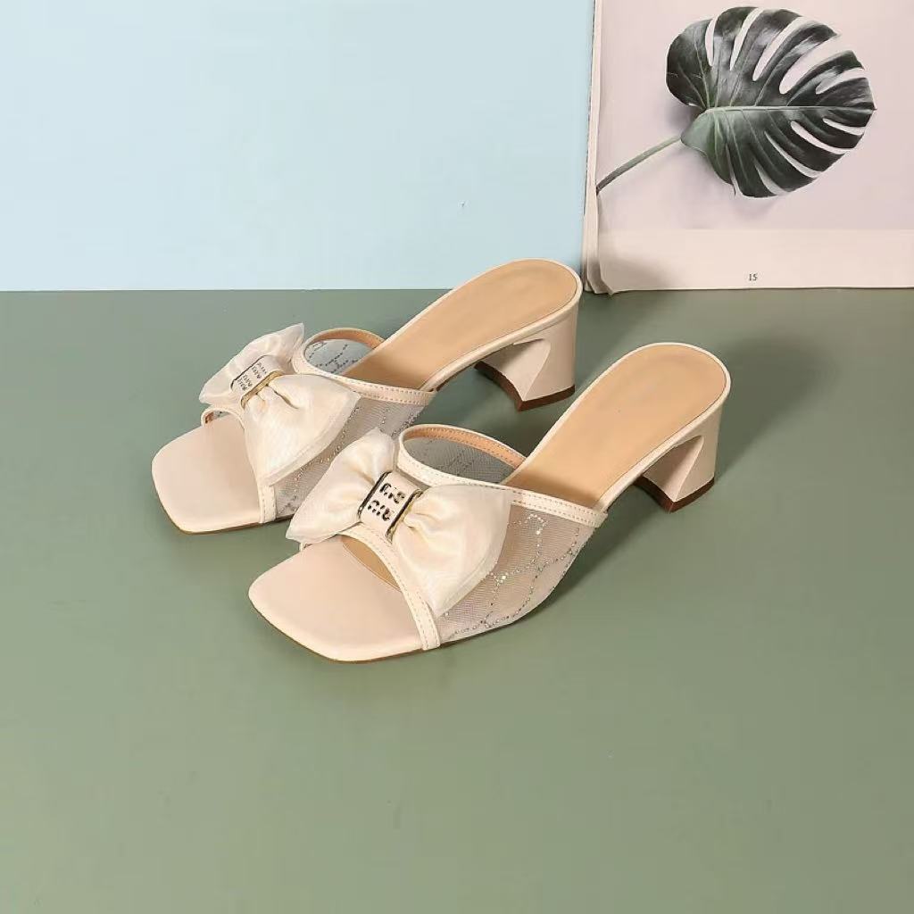 C6329  芥末黄  夏季时尚2025新款粗跟露趾蝴蝶结配裙子时装拖鞋