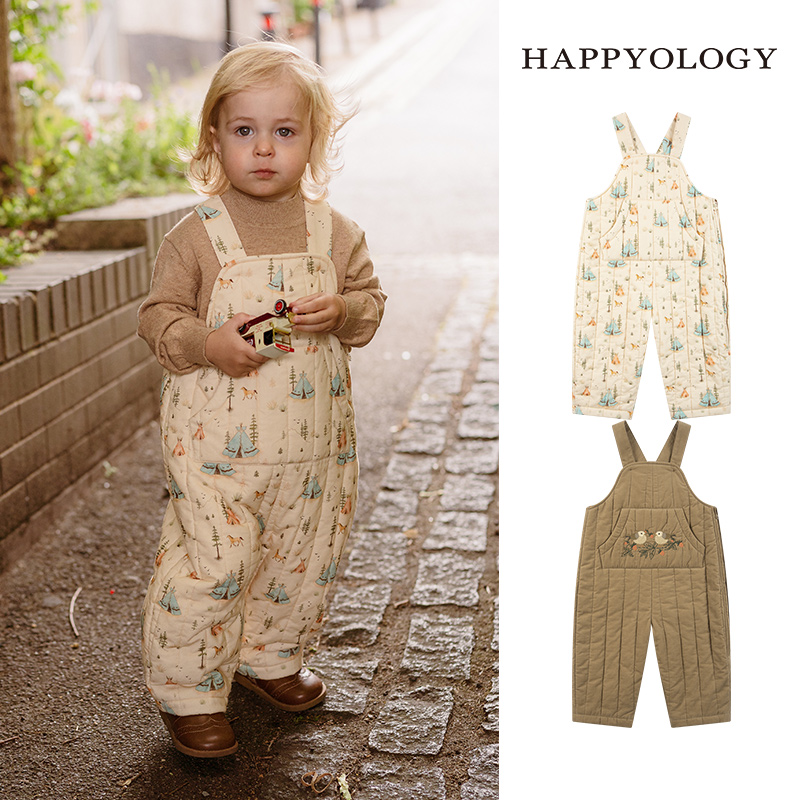 happyology英国儿童秋冬装新款男童裤子灯芯绒绗棉女童长裤背带裤