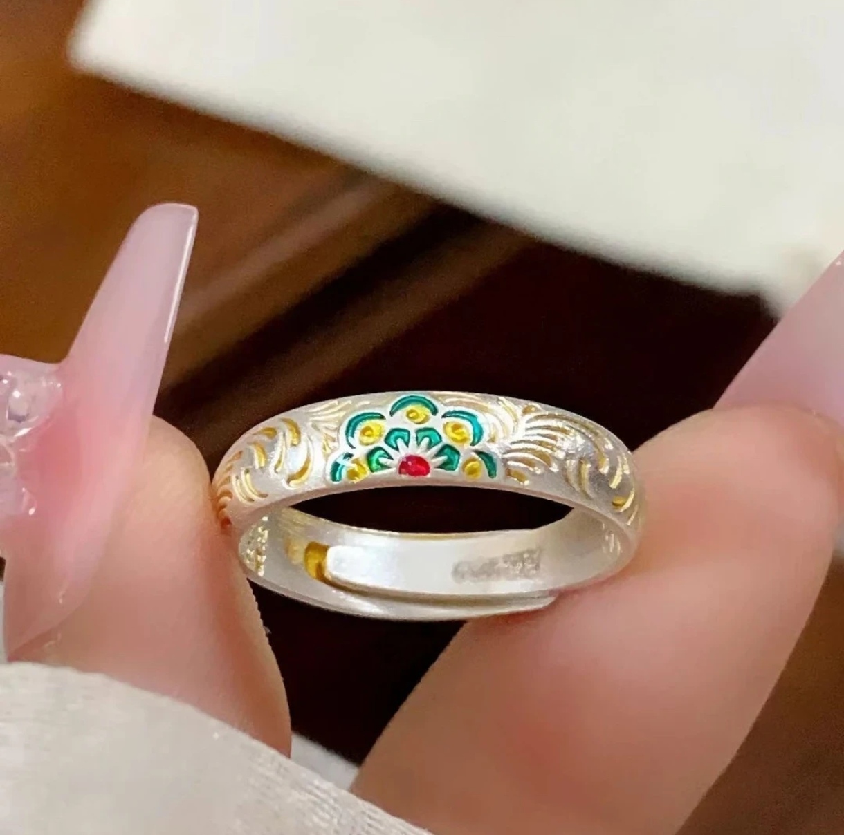 足银戒指 珐琅宝相花戒指男女款设计描金心经指环可调节