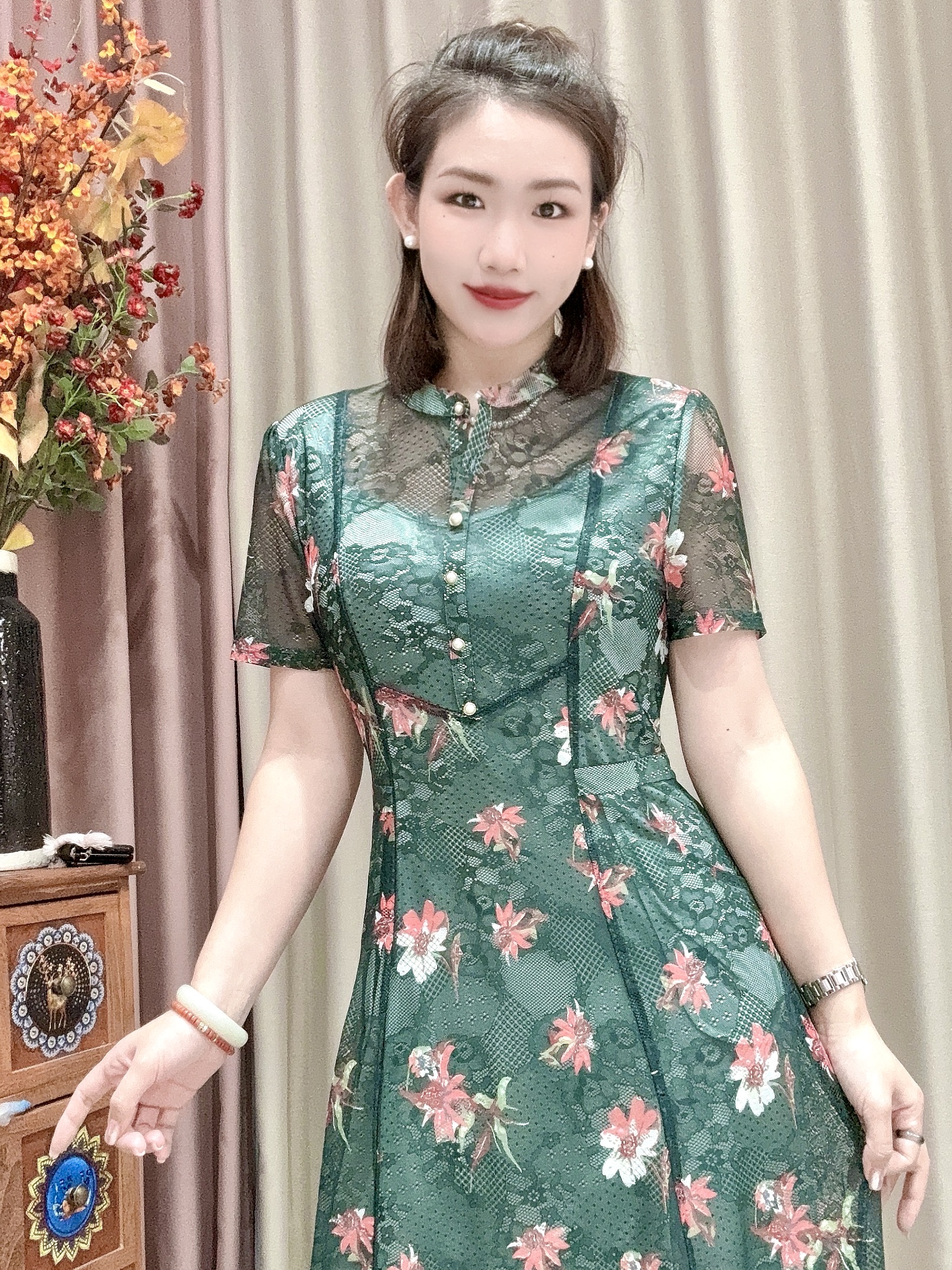 1012#气质优雅舒适印花减龄口袋款夏季显瘦妈妈装连衣裙